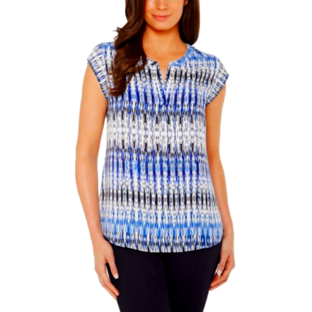 Hilary Radley Women's Lightweight Short Sleeve Blouse Top Shirt, XXL, Blue combo